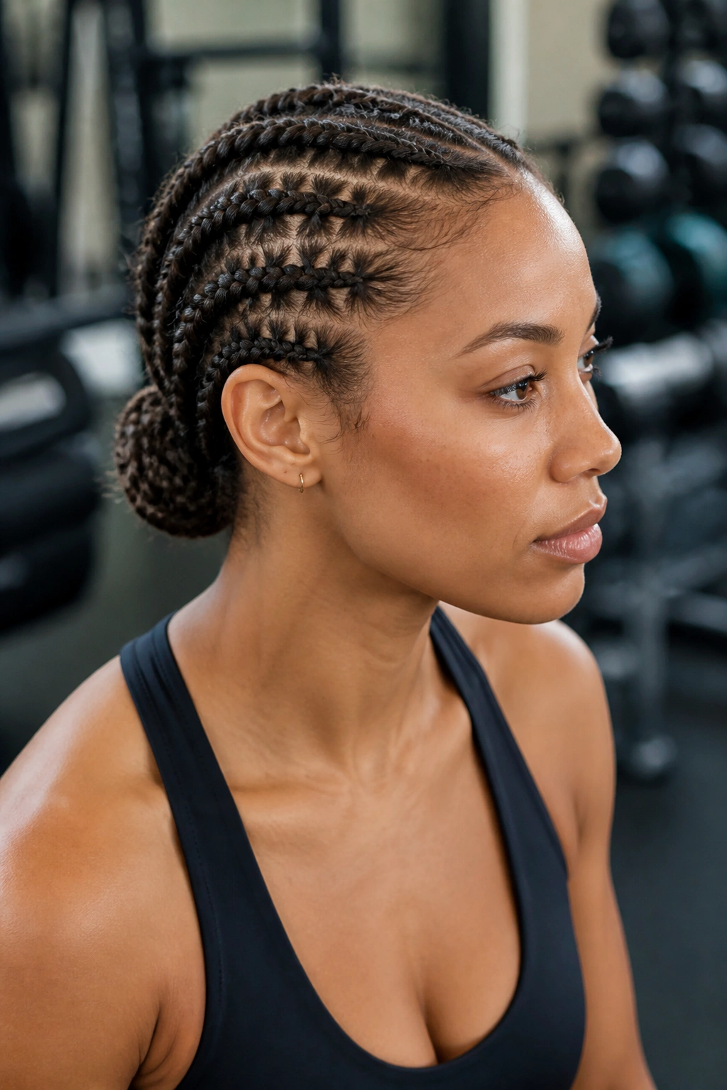 Close-up of a real woman with flat twists ending in a low knot during a workout
