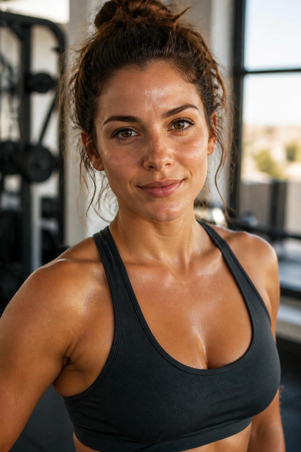 Close-up portrait of a real woman in gym wear in a gym setting with soft natural light