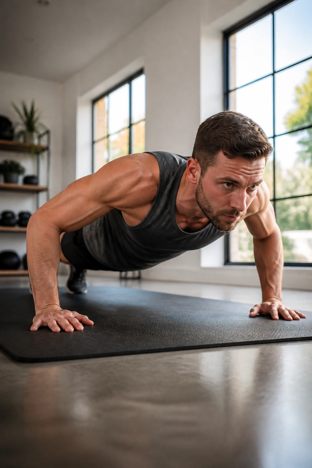 Person performing a controlled push-up on a mat in a bright home gym.