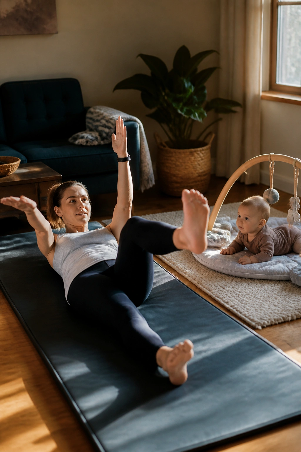 Parent doing a dead bug core move with baby nearby on floor mat at home