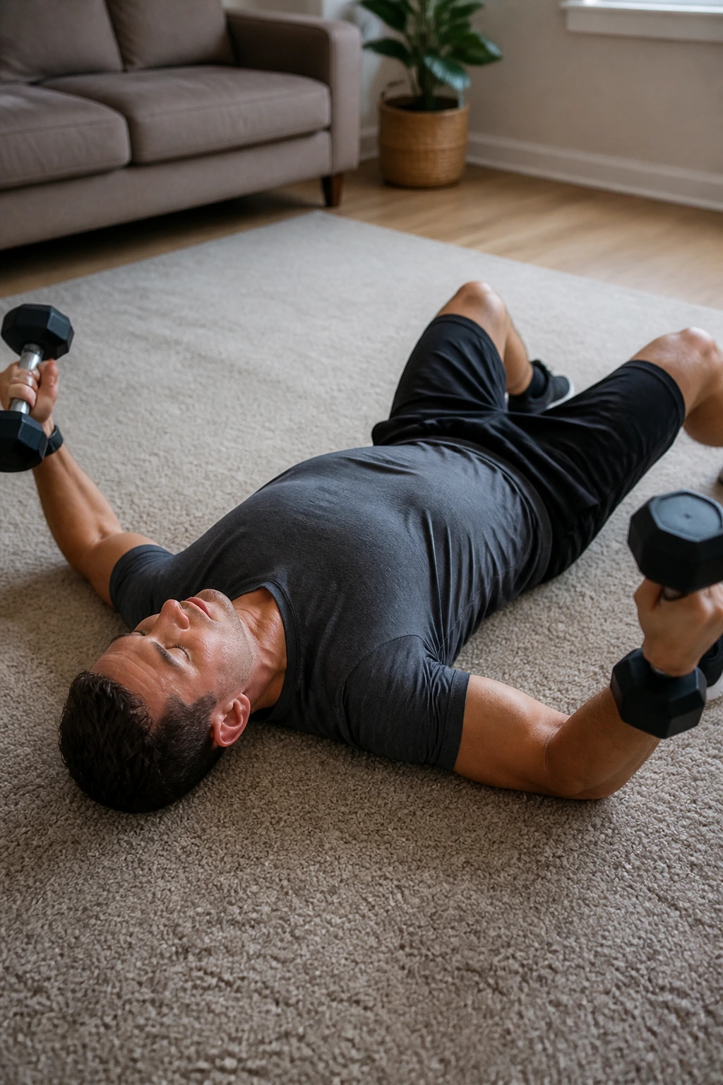 Person performing floor dumbbell chest fly on the floor