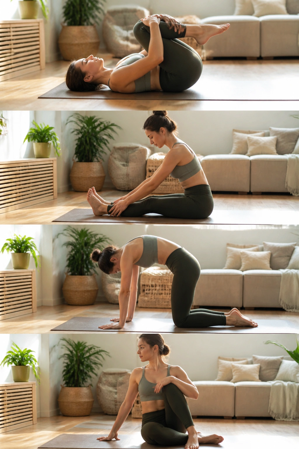 Full-body floor yoga flow on a mat during a cozy indoor morning