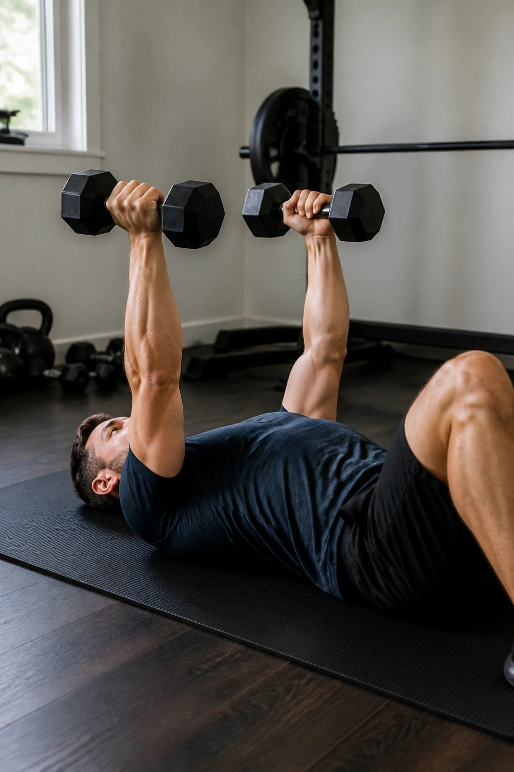 Person performing dumbbell floor press on a gym mat