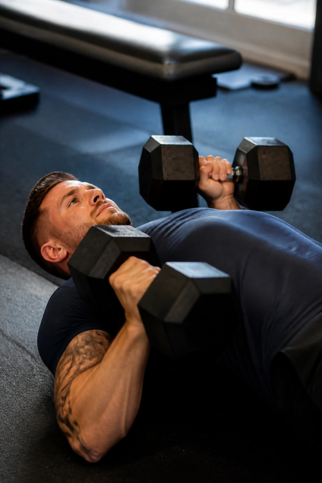 Close-up of a person performing floor dumbbell press with focus on chest engagement.