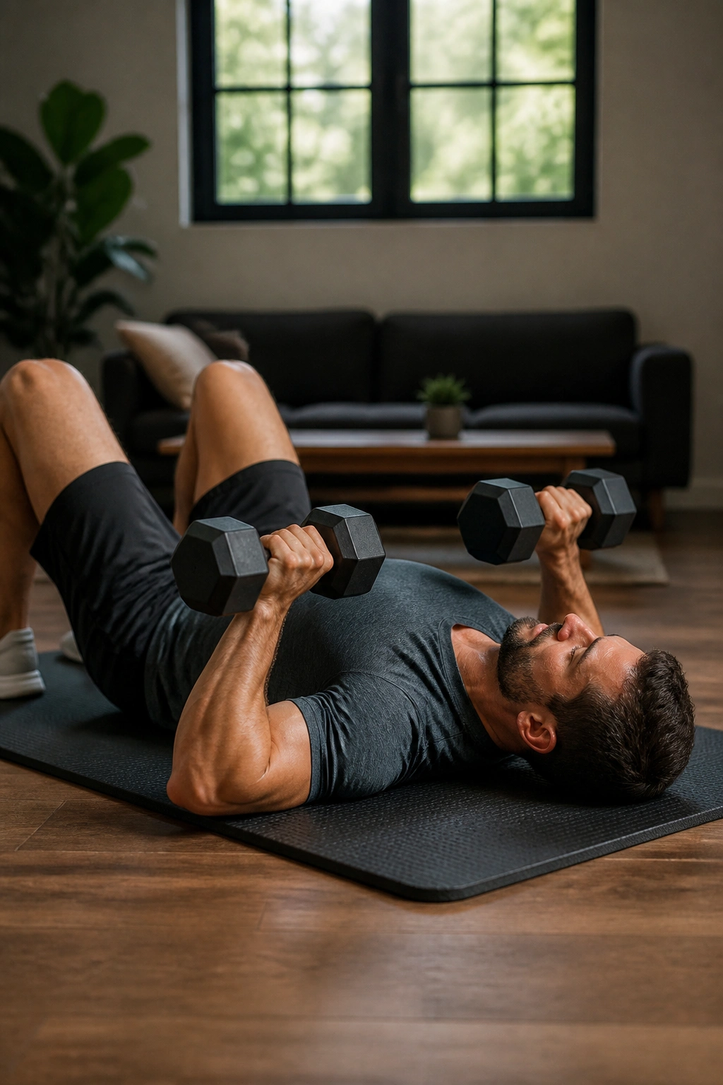 Close-up of a person performing Dumbbell Floor Press on a workout mat in a home setting.