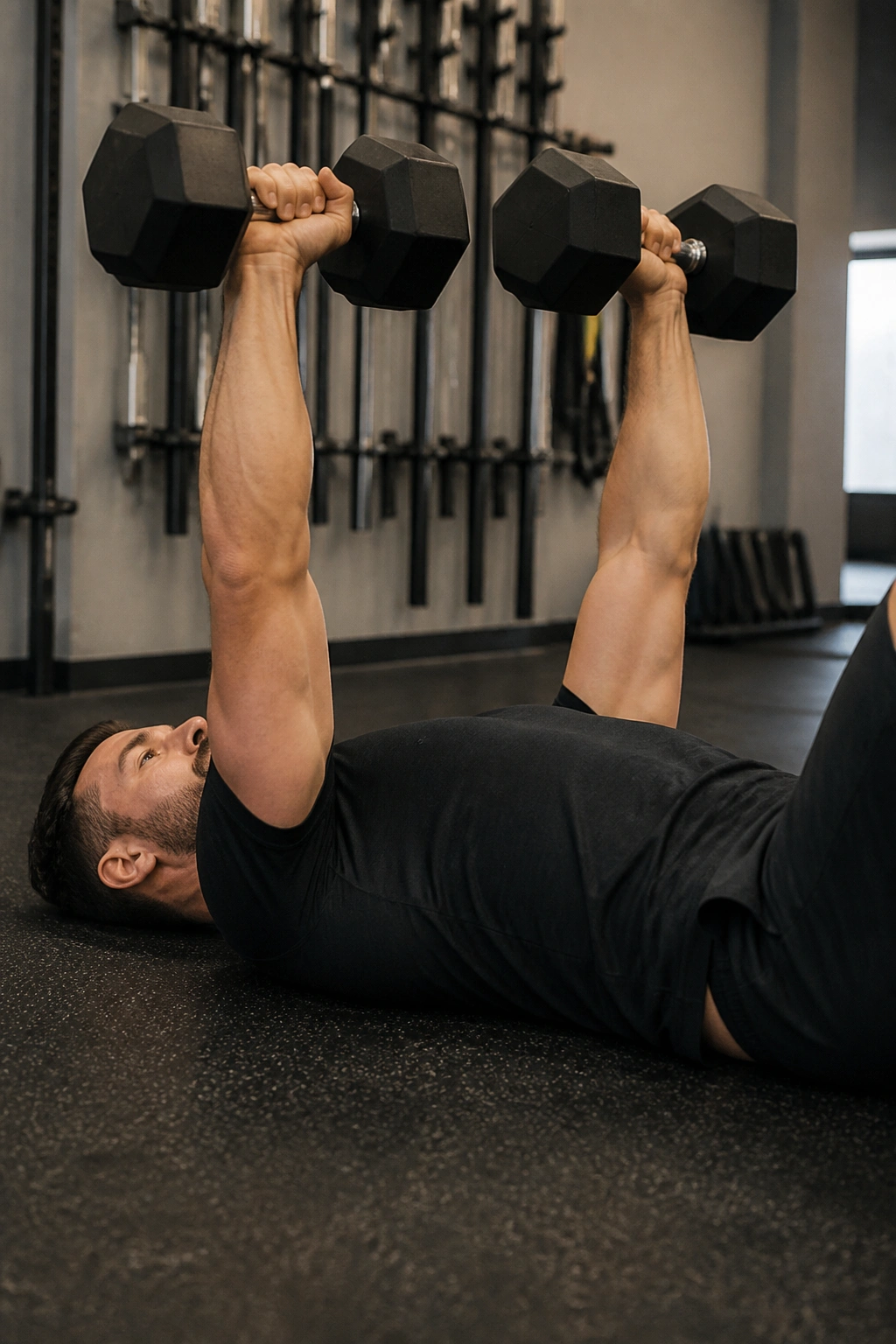 Upper body in a dumbbell floor press on a gym floor with elbows angled