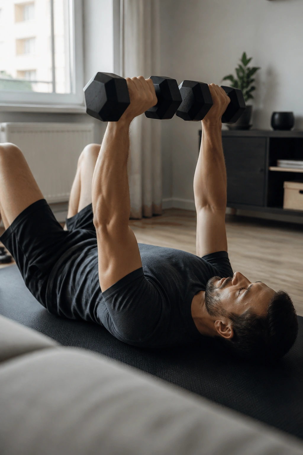 Person performing floor press in a quiet apartment on a mat.