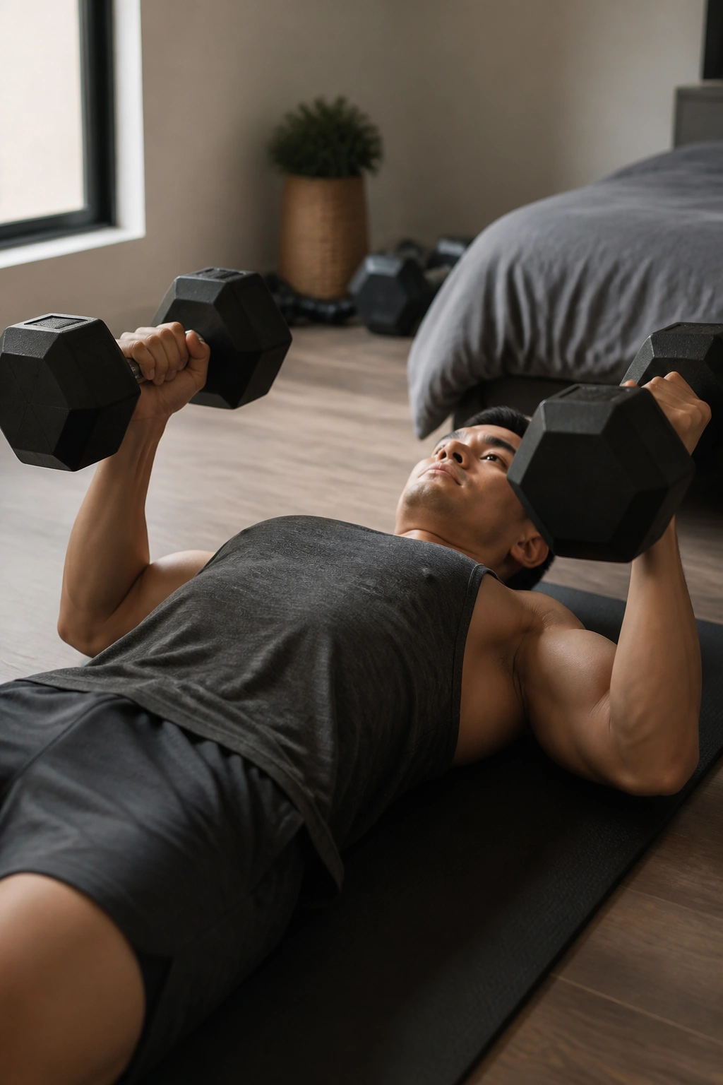 Medium close-up of a person performing floor press on the floor at home