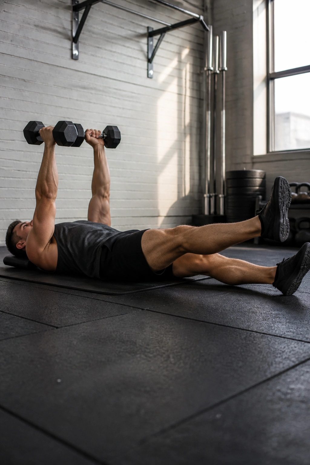 Close-up of a person performing floor press with leg extension on a gym mat