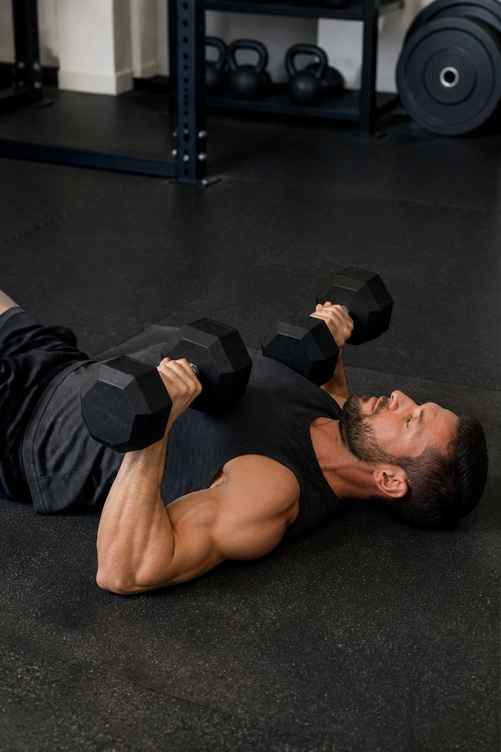 Real person performing floor press on mat with dumbbells