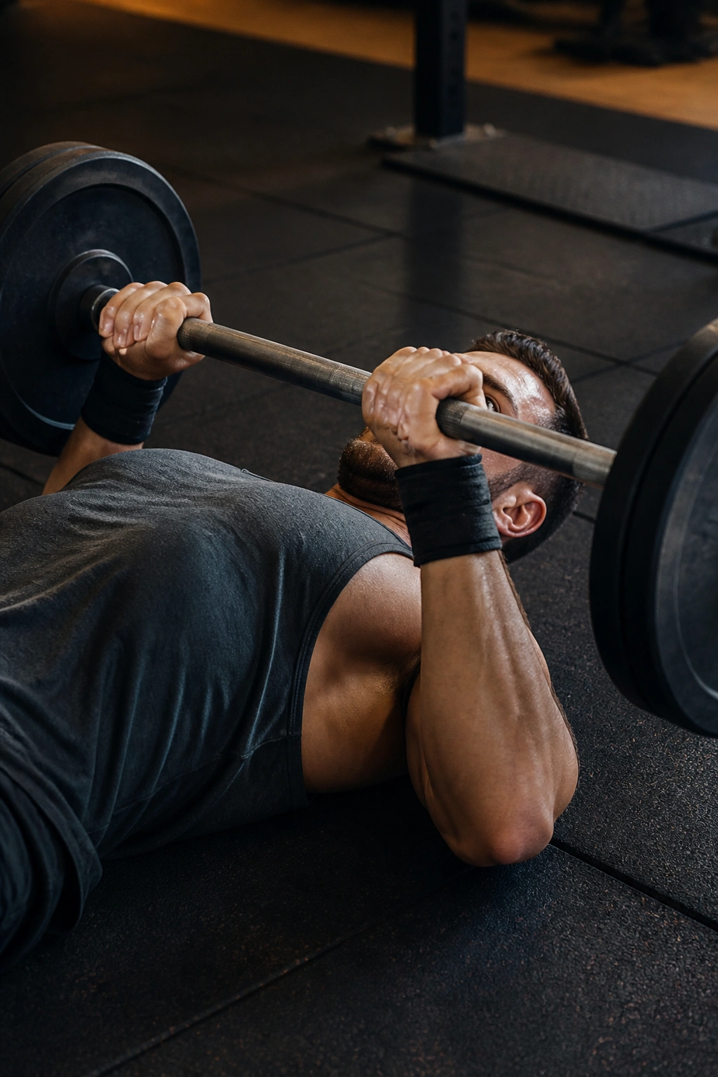 Lifters floor pressing with barbell on a gym floor