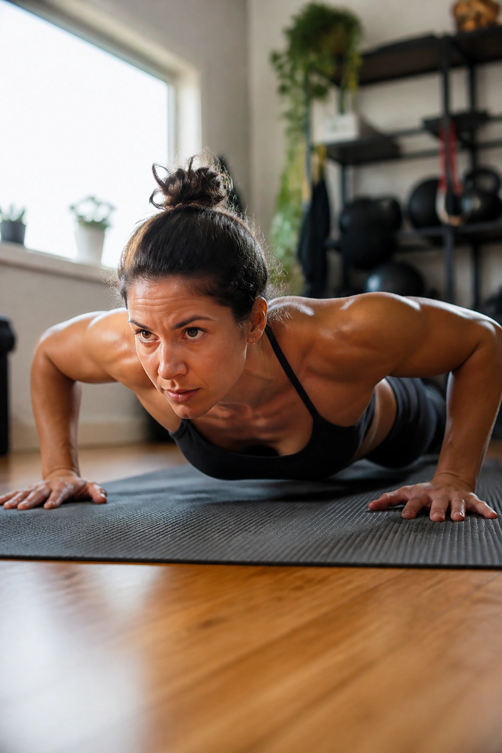 Person performing a controlled floor push-up with consistent depth and neutral neck position