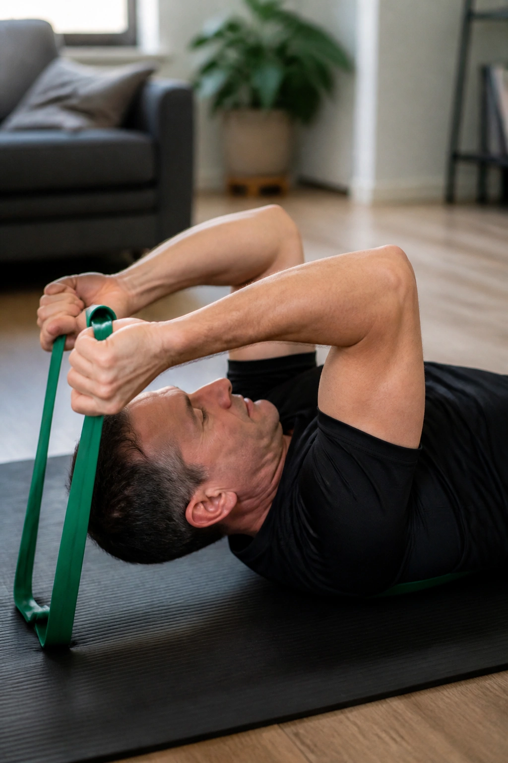 Person lying on floor performing skull crusher with resistance band