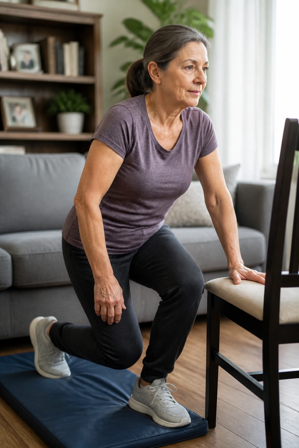 Person practicing floor-to-chair transfer in a living room with a chair for support.