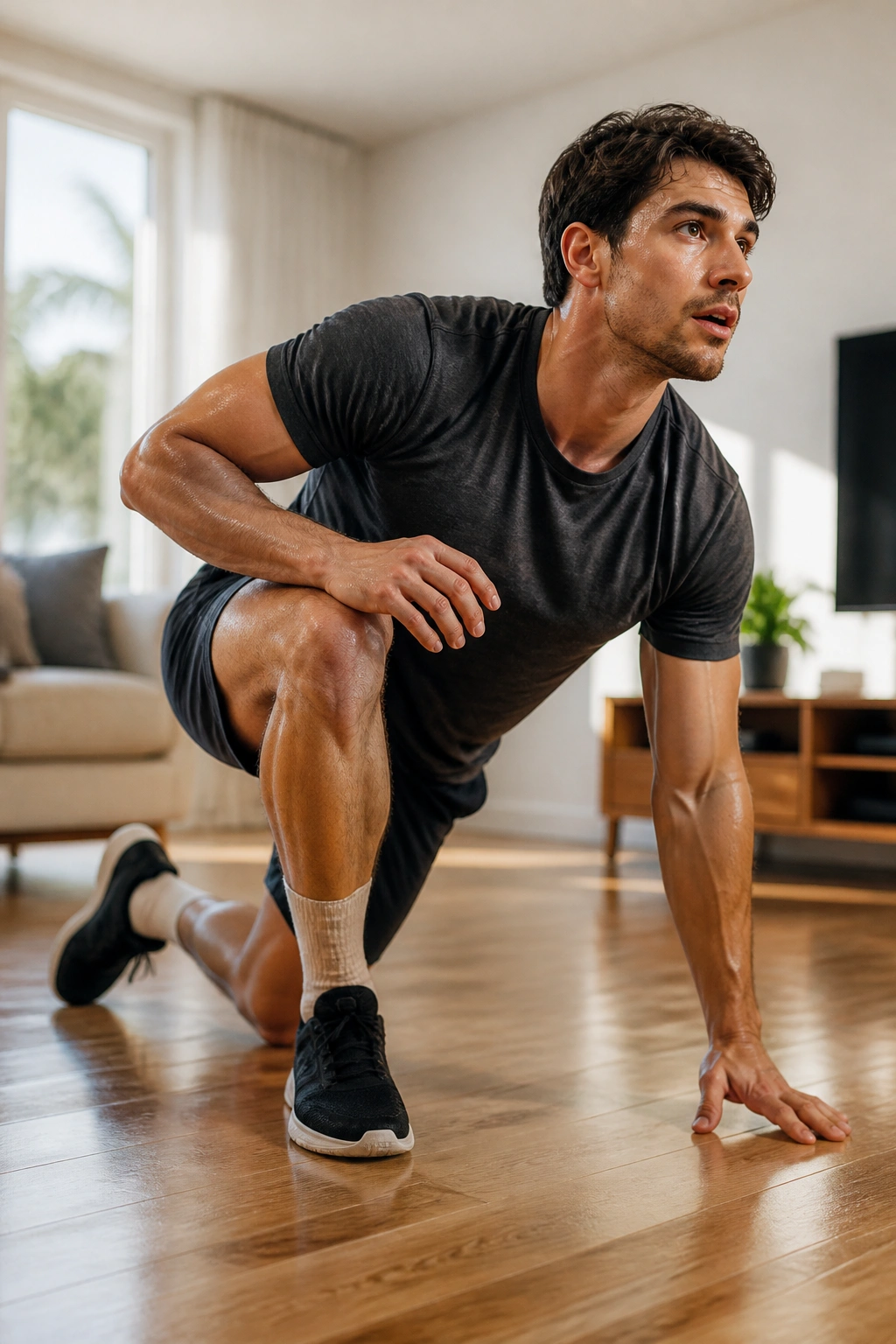 Person mid floor-to-stand transition in a sunlit living room