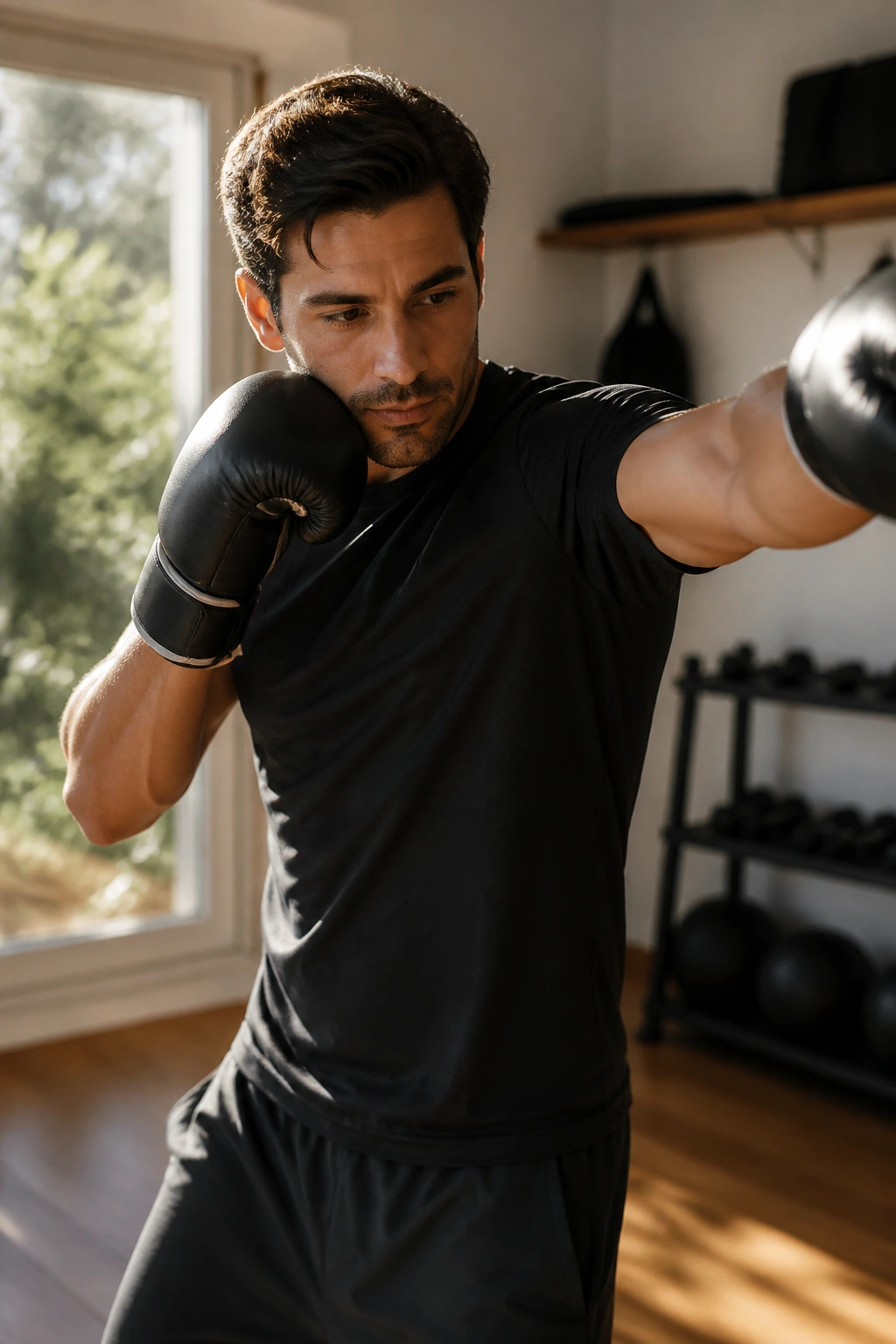 Boxer performing slow, flowing punches in a sunlit home boxing space