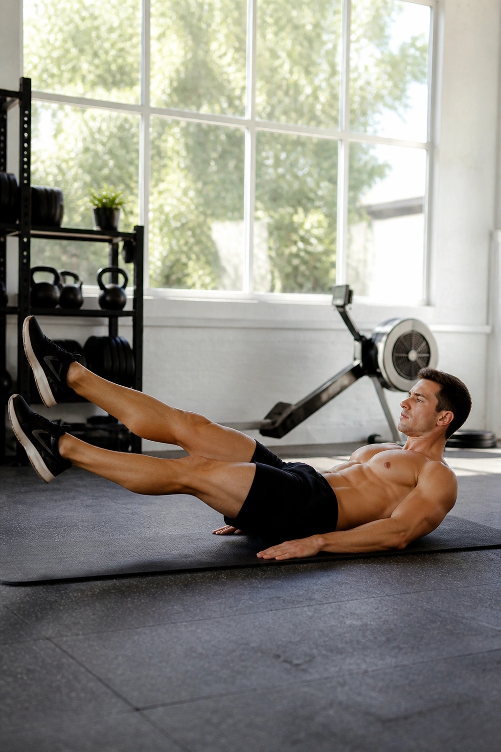 Person performing flutter kicks with legs slightly raised on a mat