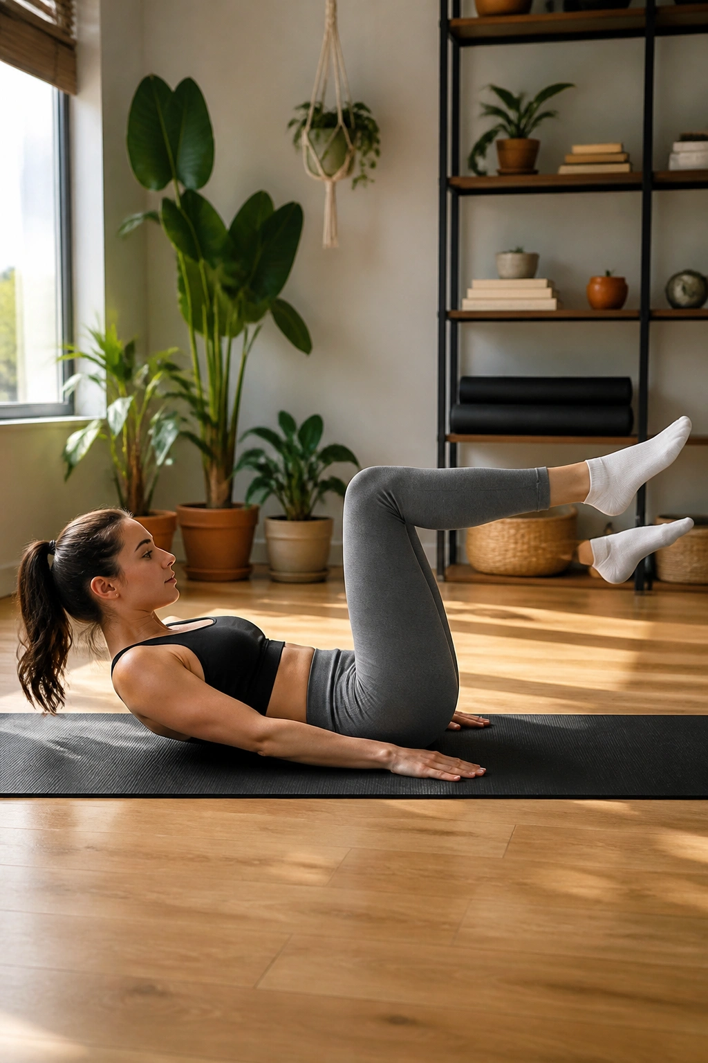 Mid-shot of bent-knee flutter kicks showing controlled core engagement