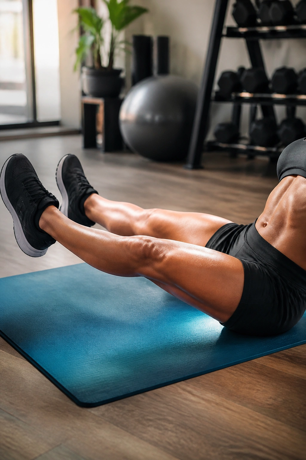 Close-up of a person performing flutter kicks on a mat, core engaged.