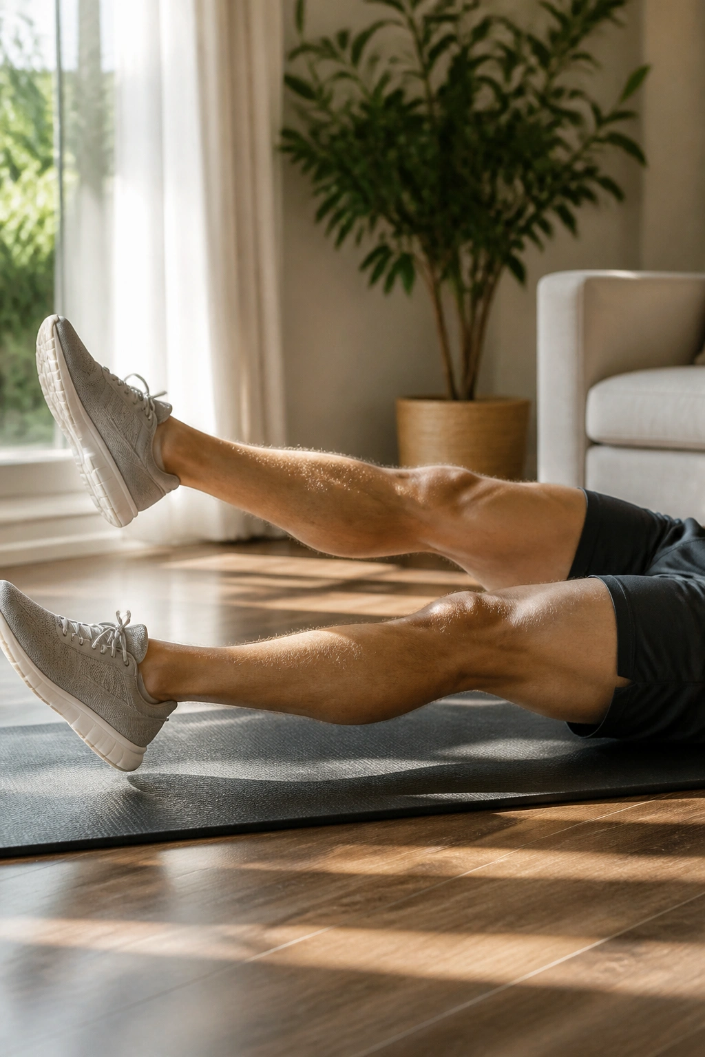 Real person performing flutter kicks on a mat in a bright home