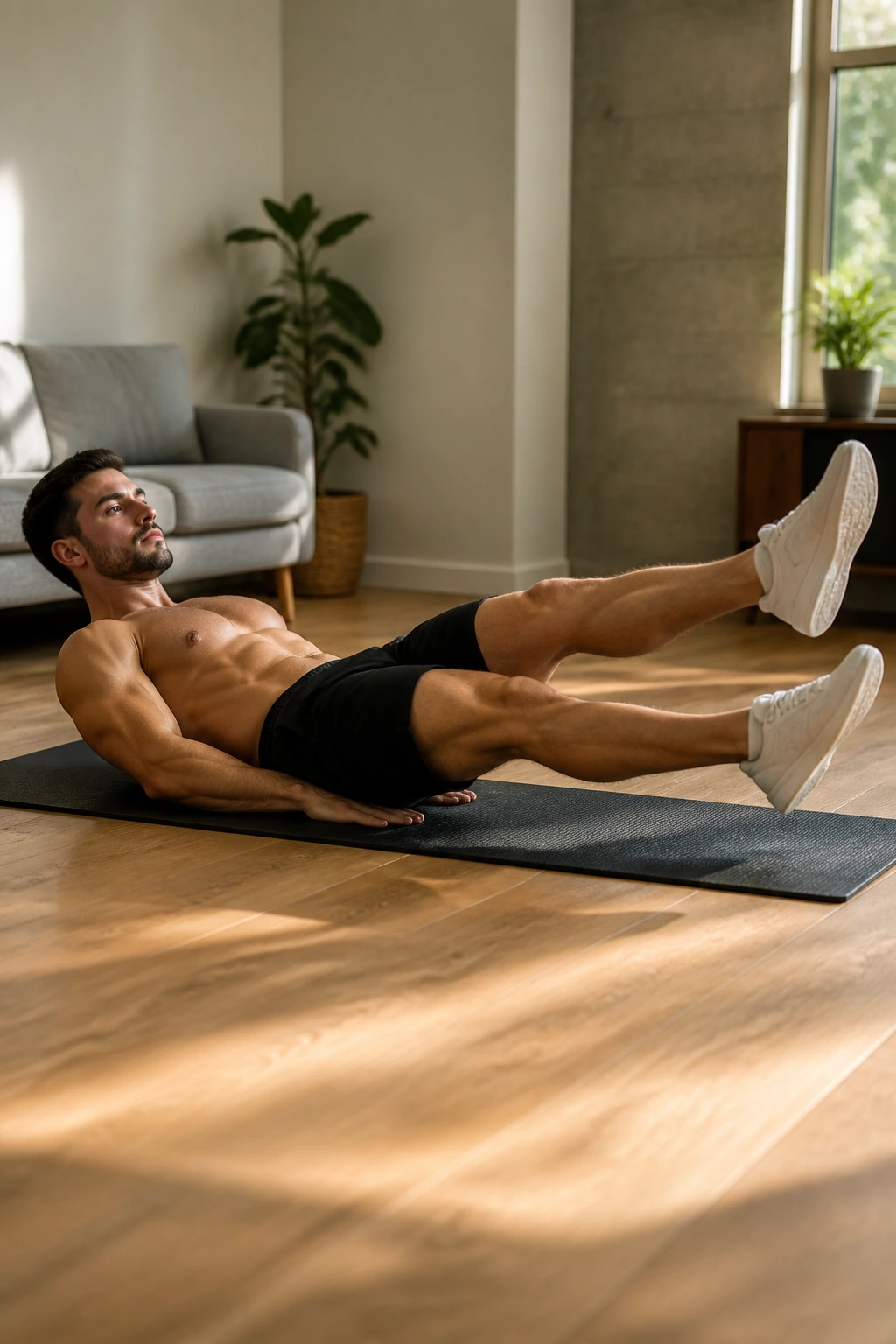 Close-up of legs performing Flutter Kicks during a home core workout