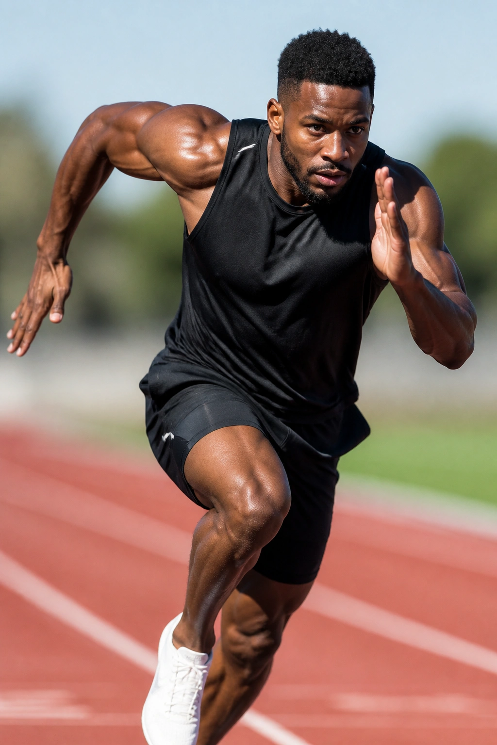 Medium close-up of athlete in mid-acceleration during flying sprints on track.