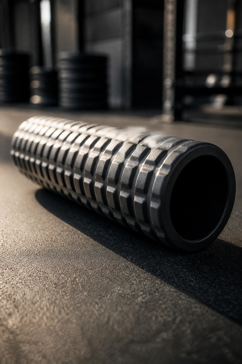 Foam roller close-up with textured surface on gym floor
