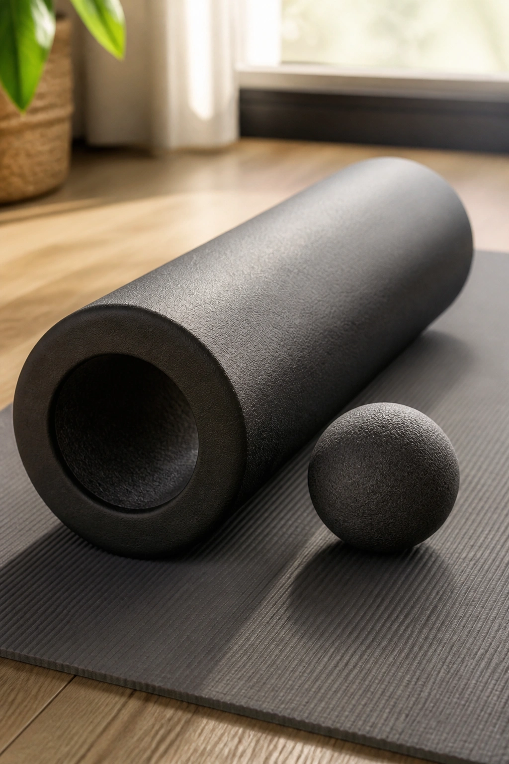 Close-up of foam roller and massage ball on a mat