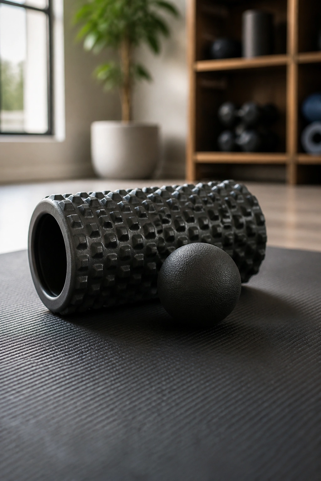 Foam roller and mobility ball on a yoga mat in a home gym