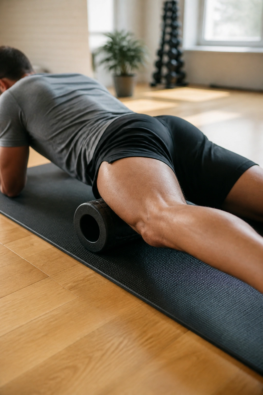 Real person using a foam roller on the thigh to release the rectus femoris in a bright gym setting