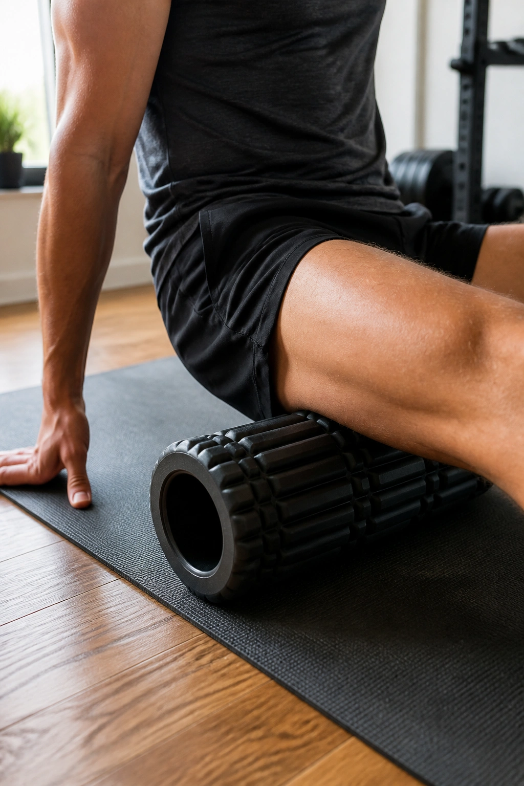 Close-up of a person foam rolling their quadriceps on a gym mat in a home gym