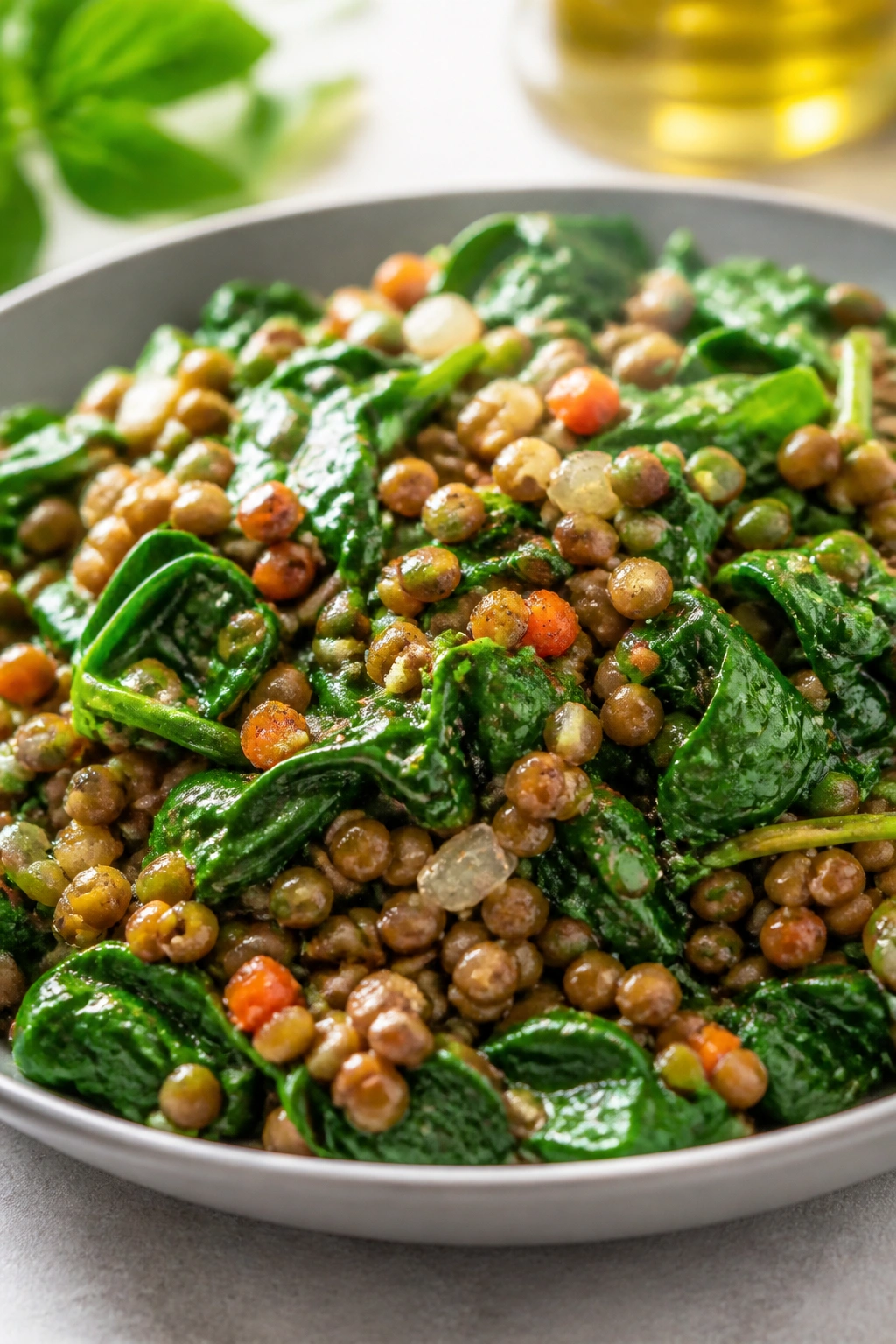Close-up of spinach and lentil bowl highlighting folate and iron sources