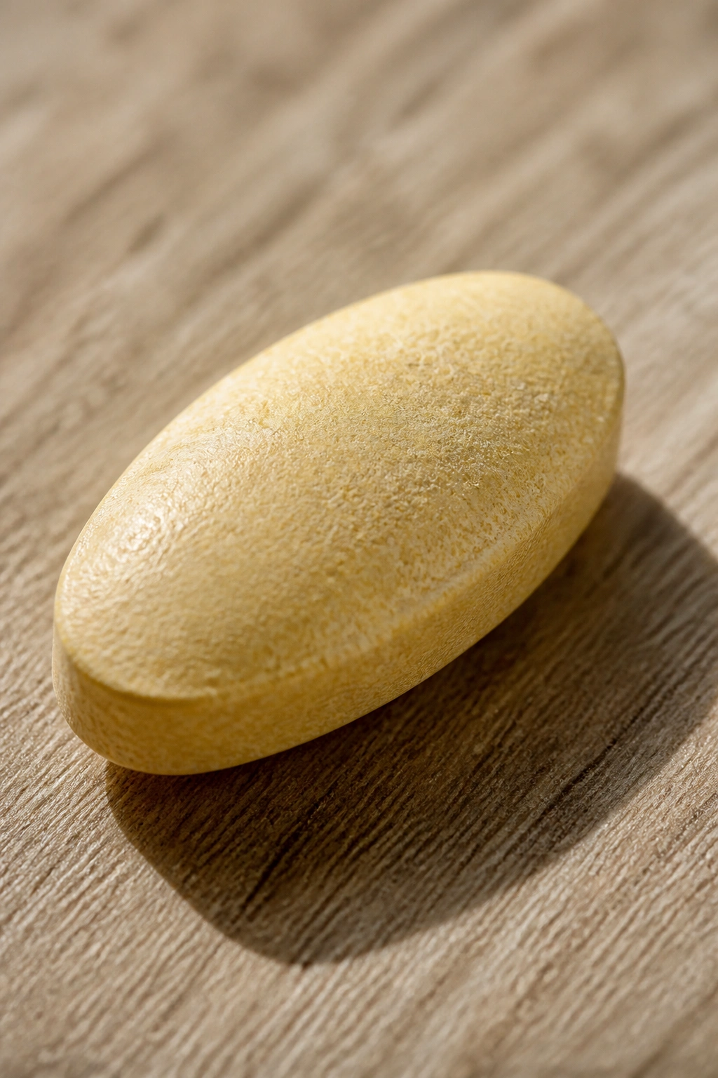 Macro close-up of a folic acid tablet on a wooden surface