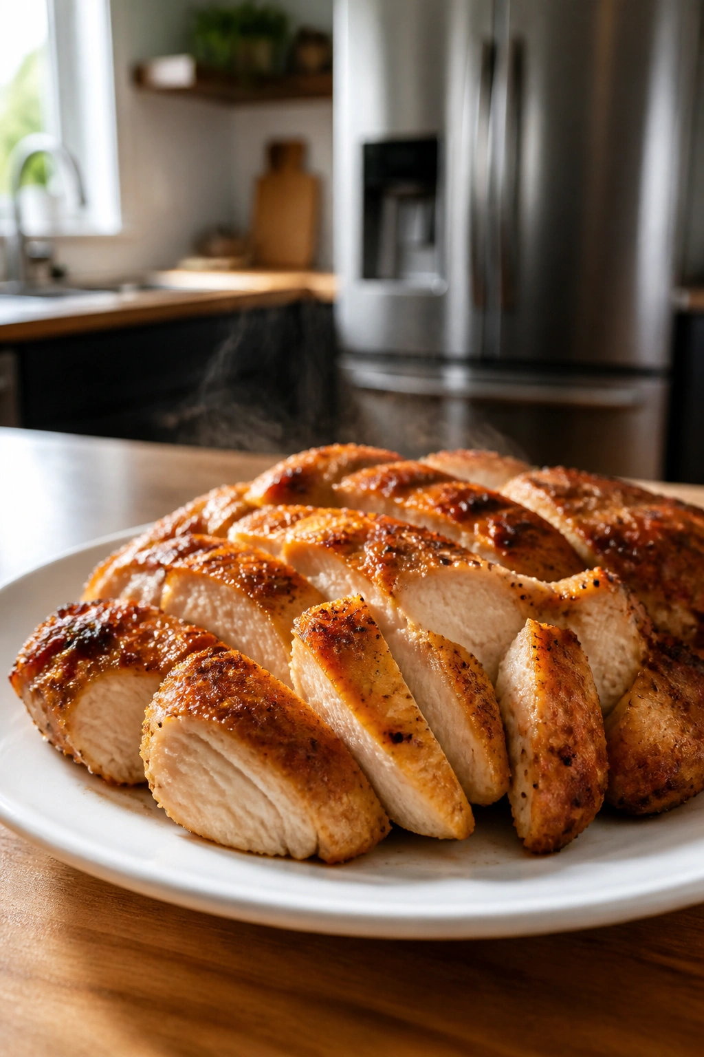 Close-up of steaming cooked chicken plate highlighting food safety practices during pregnancy