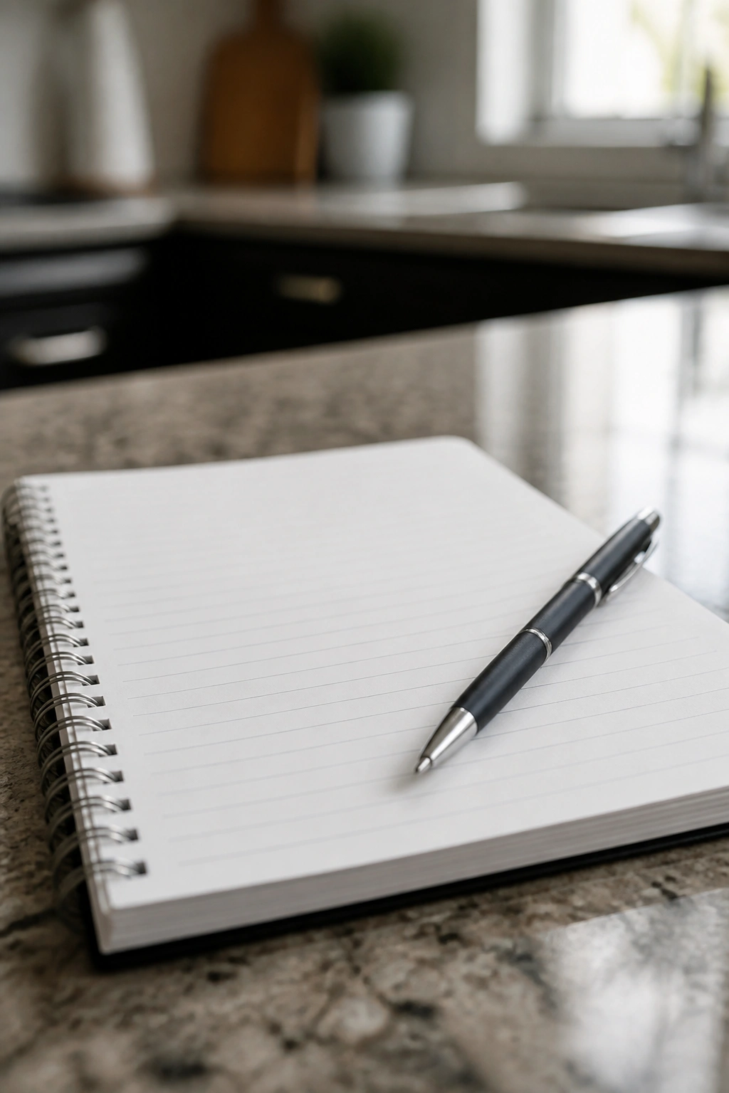 Blank notebook with pen on a kitchen counter.