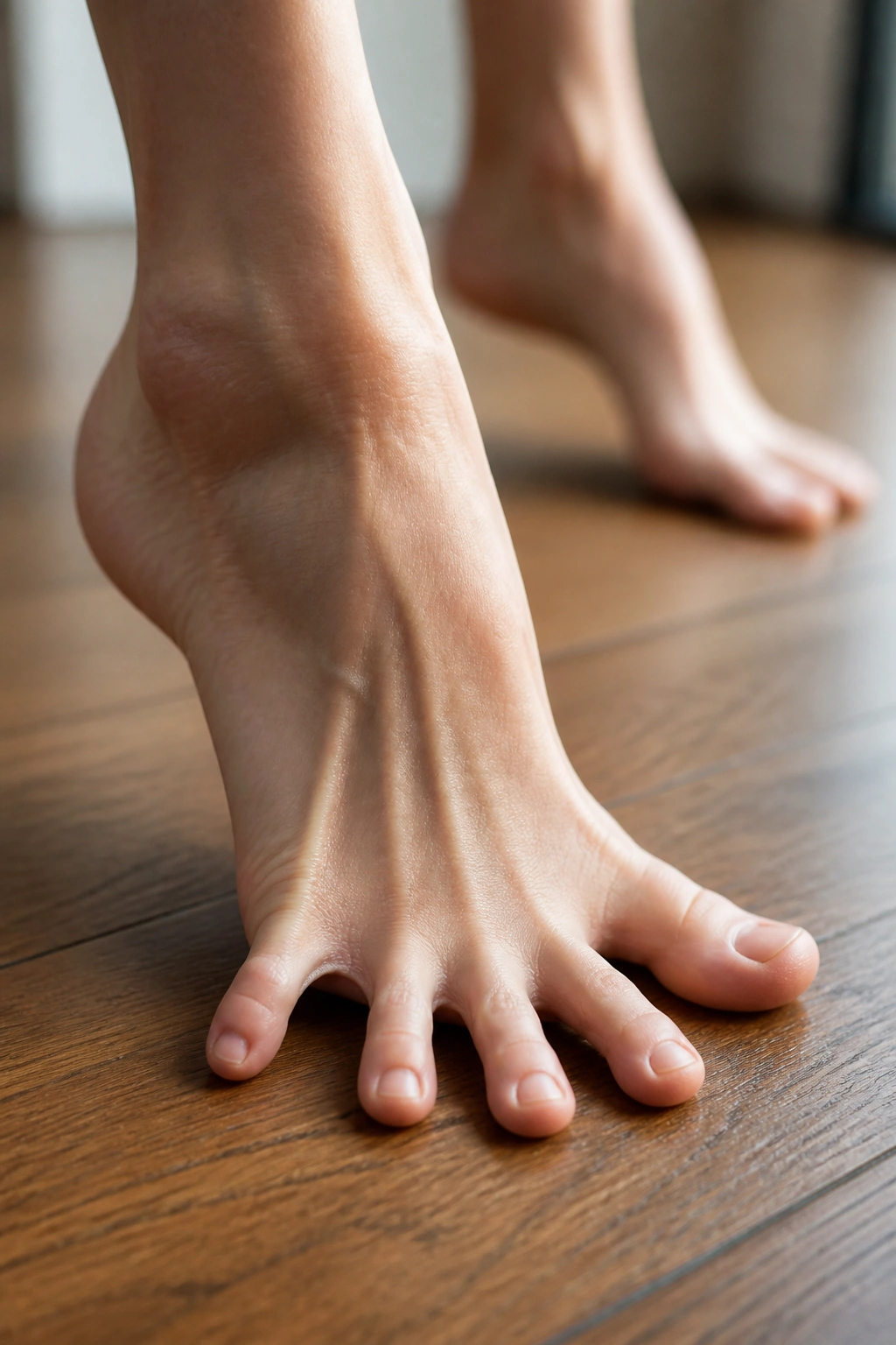 Bare foot doming arch and toe spreads on wood floor