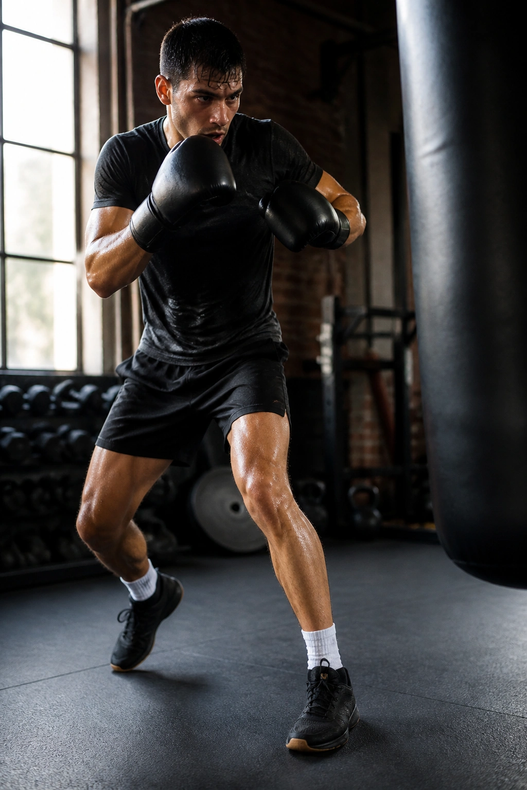 Boxer demonstrating footwork and agility around a heavy bag in gym.