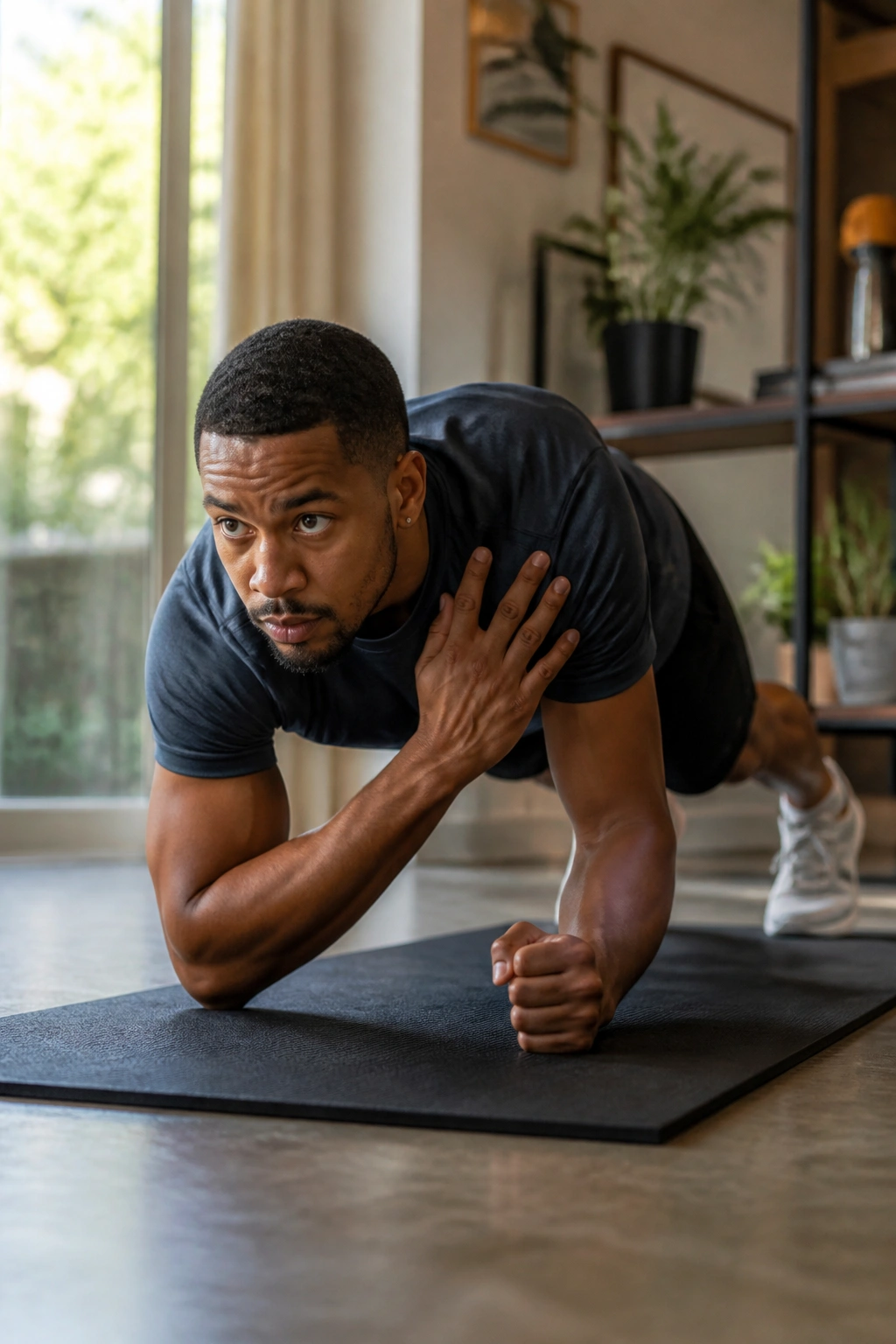 Medium close-up of person in forearm plank performing taps, torso stable and hips level.