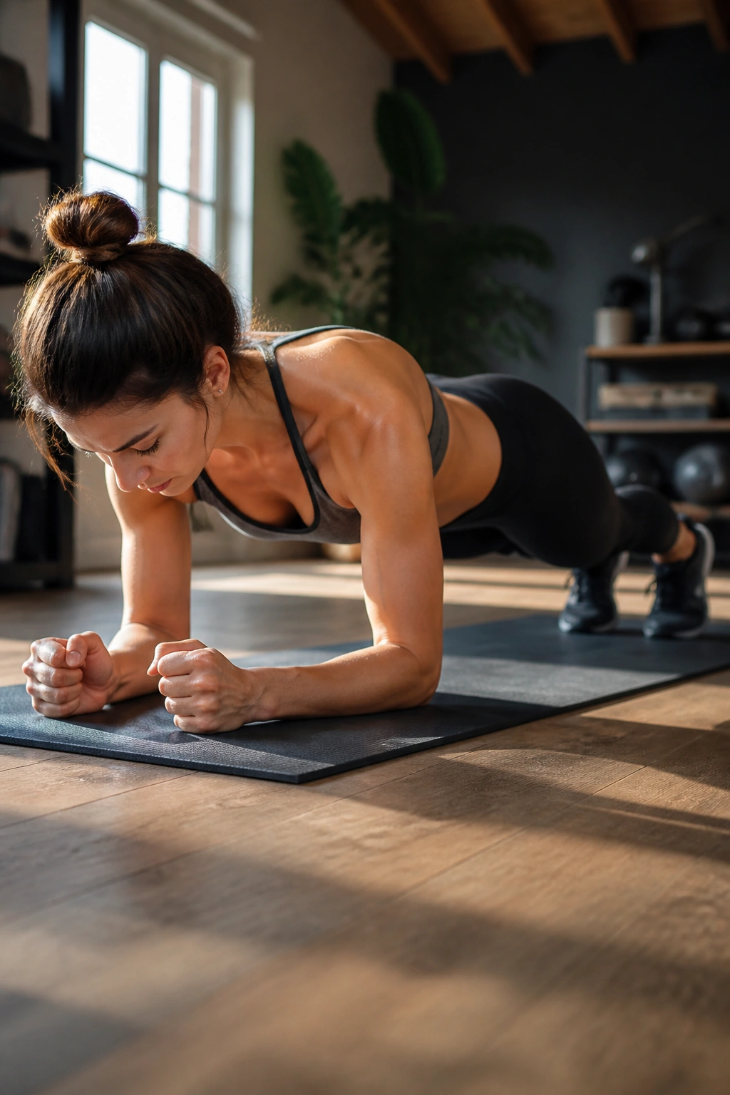 Close-up of a person in forearm plank demonstrating braced core and aligned spine