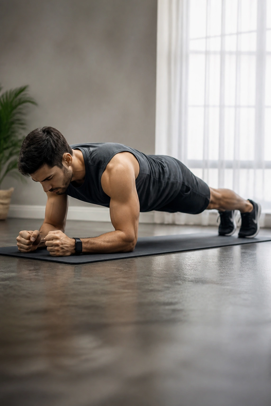 Close-up of a person in a forearm plank on a mat, body straight from head to toes, ribs braced.