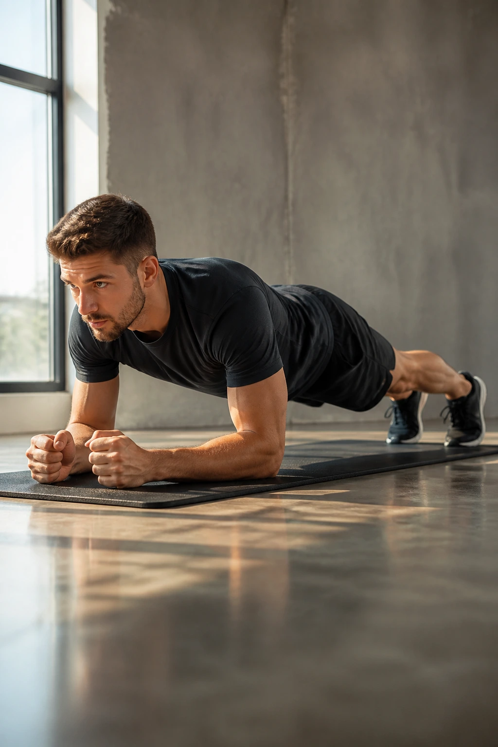 Person in forearm plank showing braced core on a gym mat