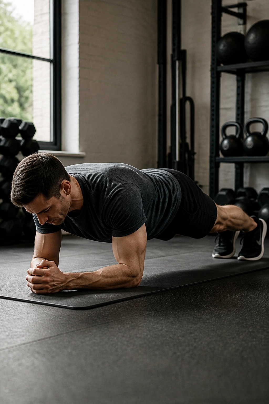 Close-up of a person in forearm plank with a straight body line