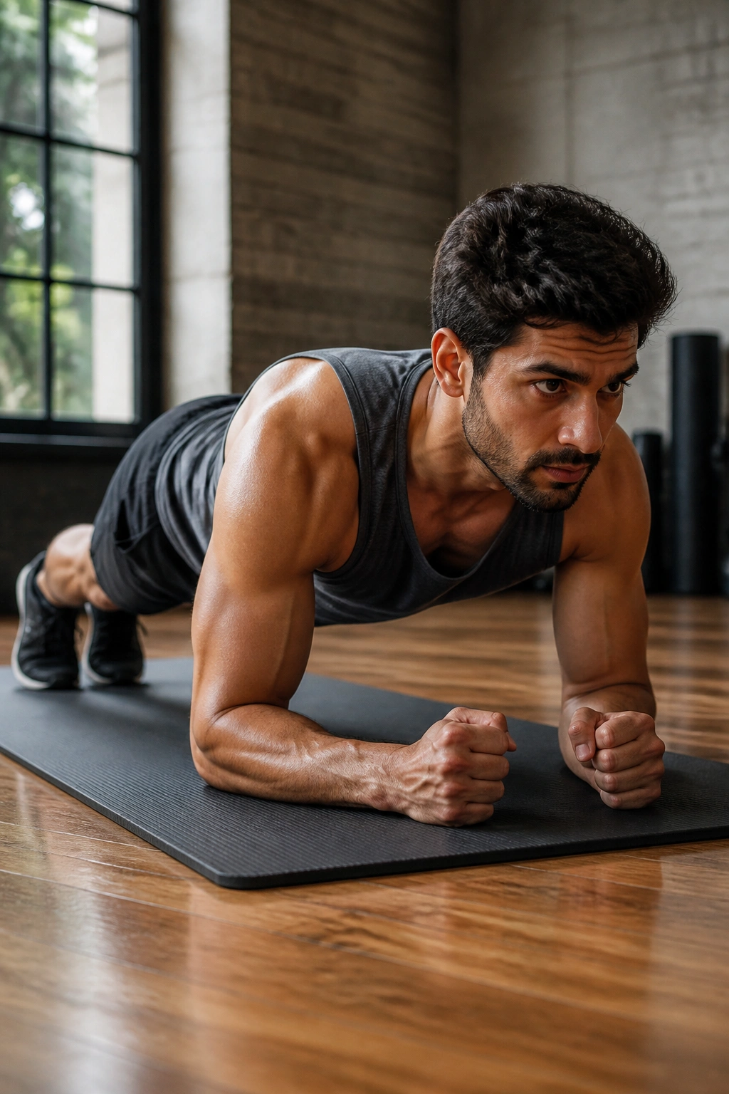 Close-up of a person in forearm plank with engaged core on a mat in a gym corner