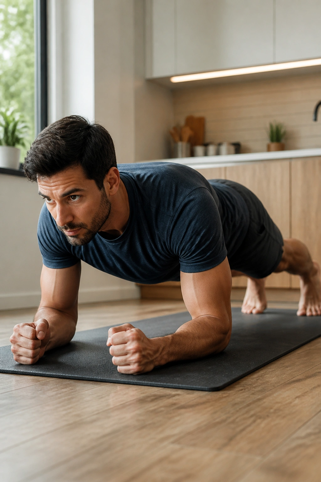 Person in forearm plank on home floor maintaining straight line from shoulders to heels