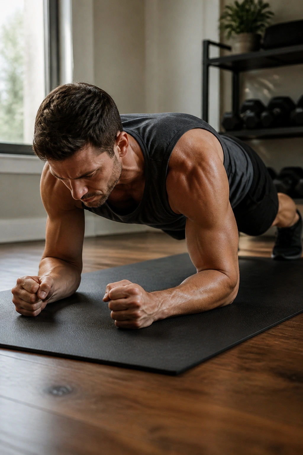 Close-up of a person holding a forearm plank on a mat, showing locked ribs and level hips.