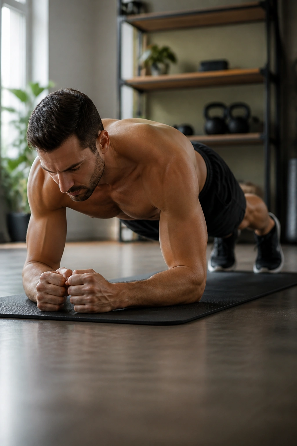 Person in forearm plank position on a mat with engaged core and neutral spine