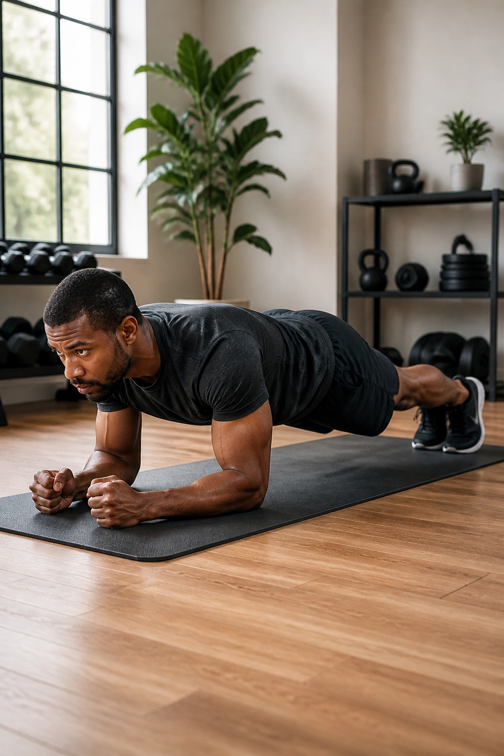 Person holding a forearm plank with a braced core and straight body line
