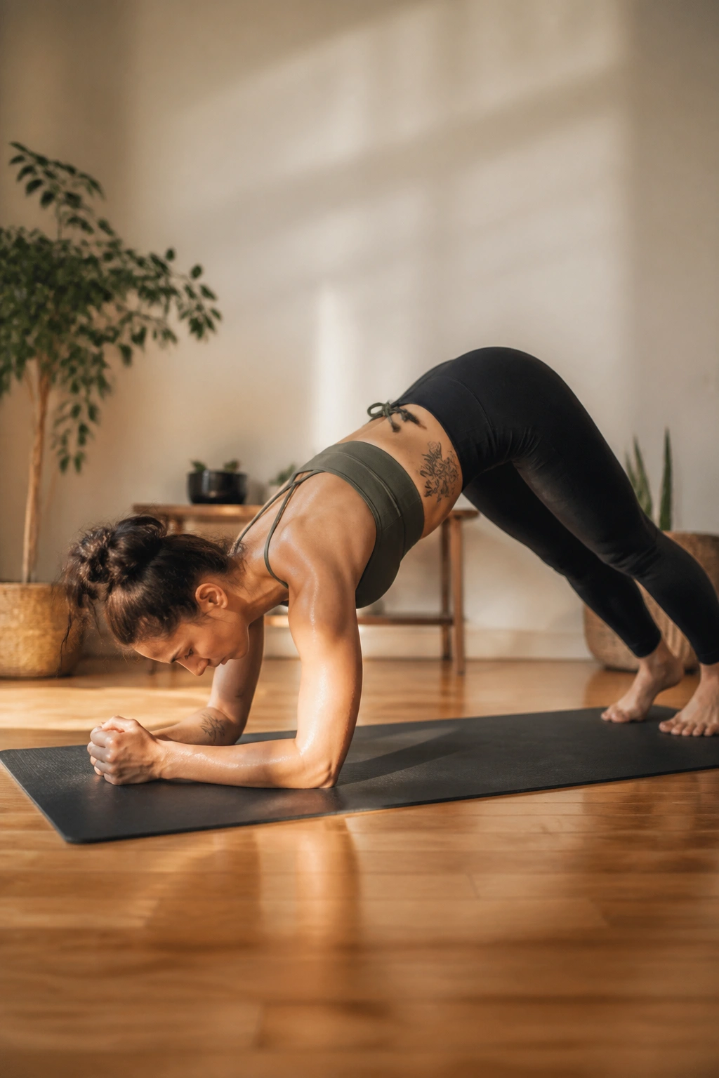 Real person performing forearm plank to dolphin shifts on a yoga mat