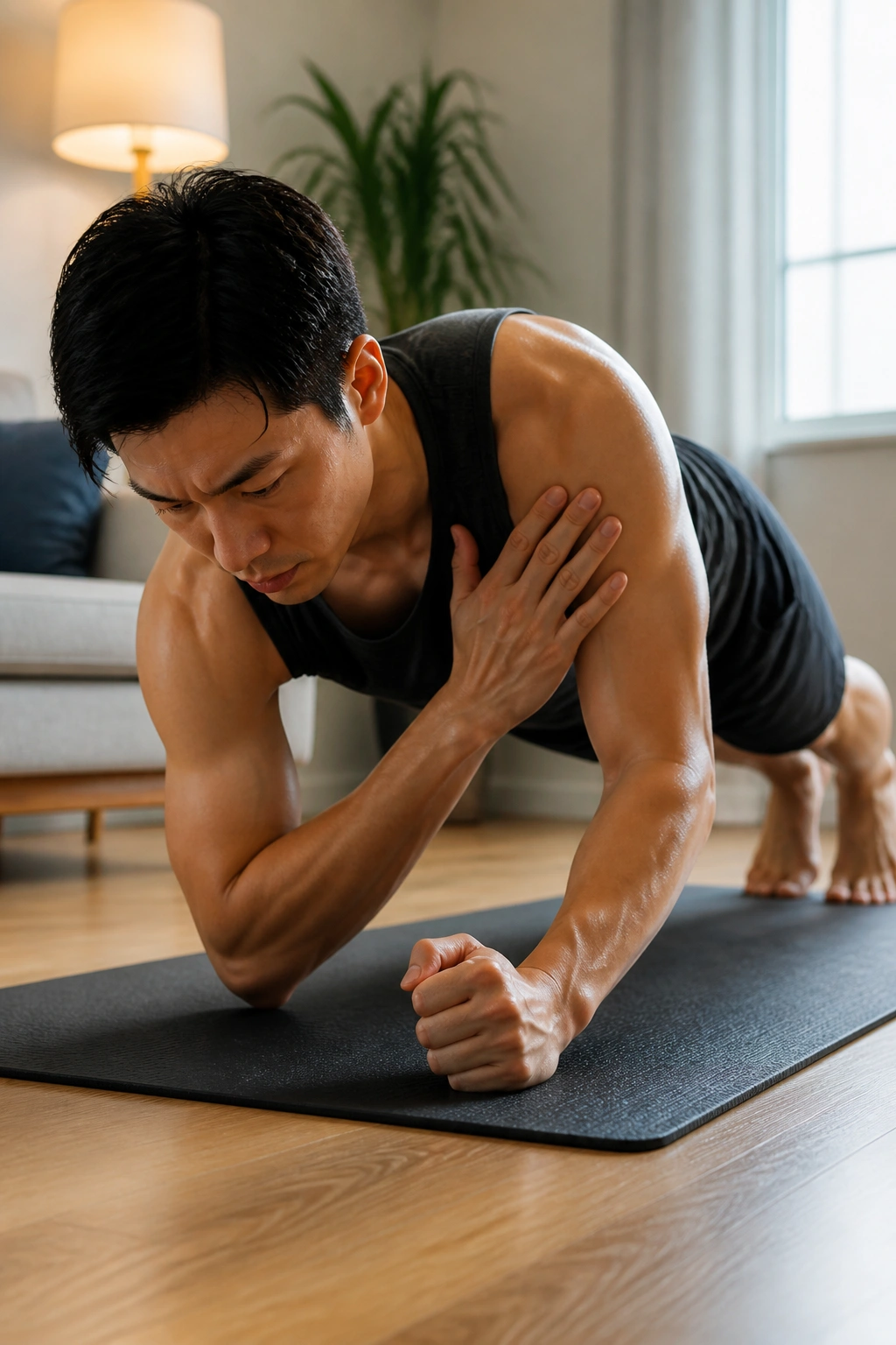 Forearm plank with shoulder taps in a calm apartment setting