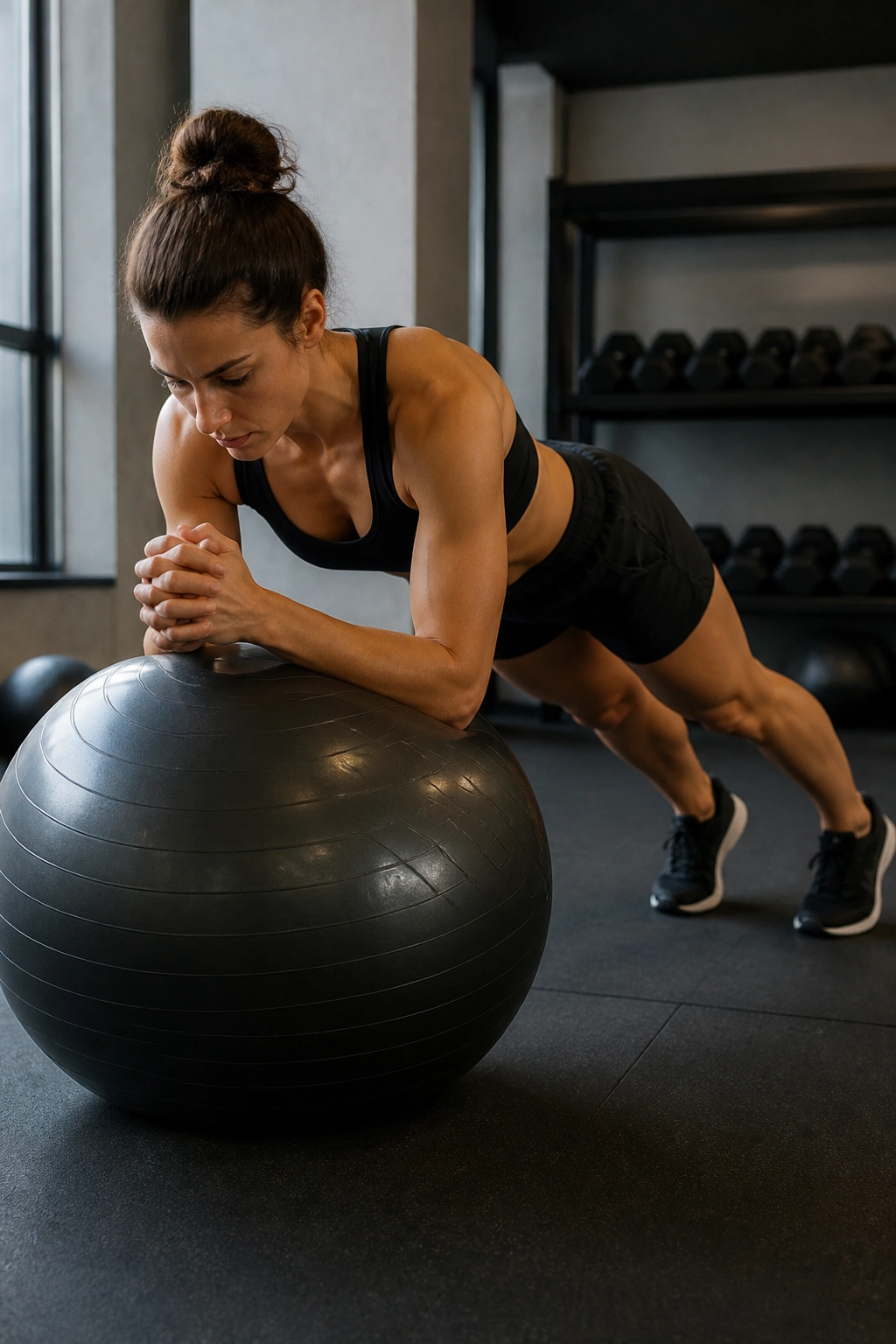 Real person performing forearm plank on stability ball in a gym mat setting